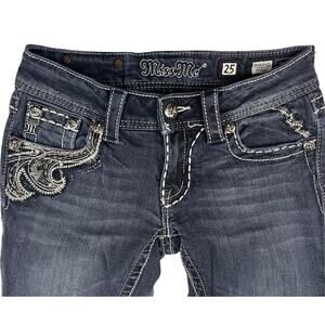 MISS ME Skinny Low Rise Embroidered Jeans Womens (25x31) Dark Rhinestone Mcbling